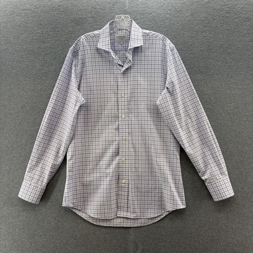 Ledbury Dress Shirt Mens Large Purple Blue Plaid Cotton Long Sleeve Woven